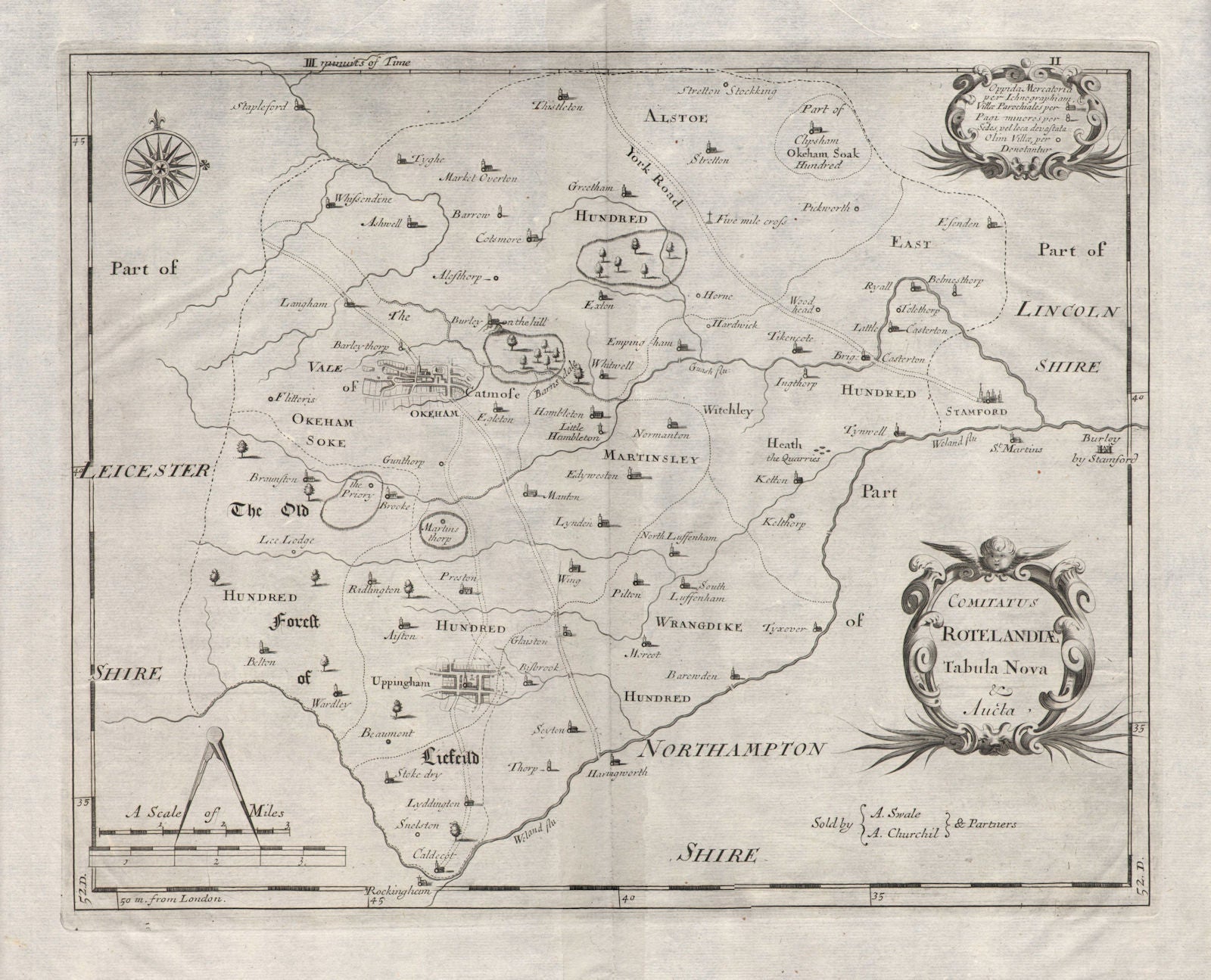 Rutland county map 'COMITATUS ROTELANDIAE' by R. MORDEN. Camden's Britannia 1695